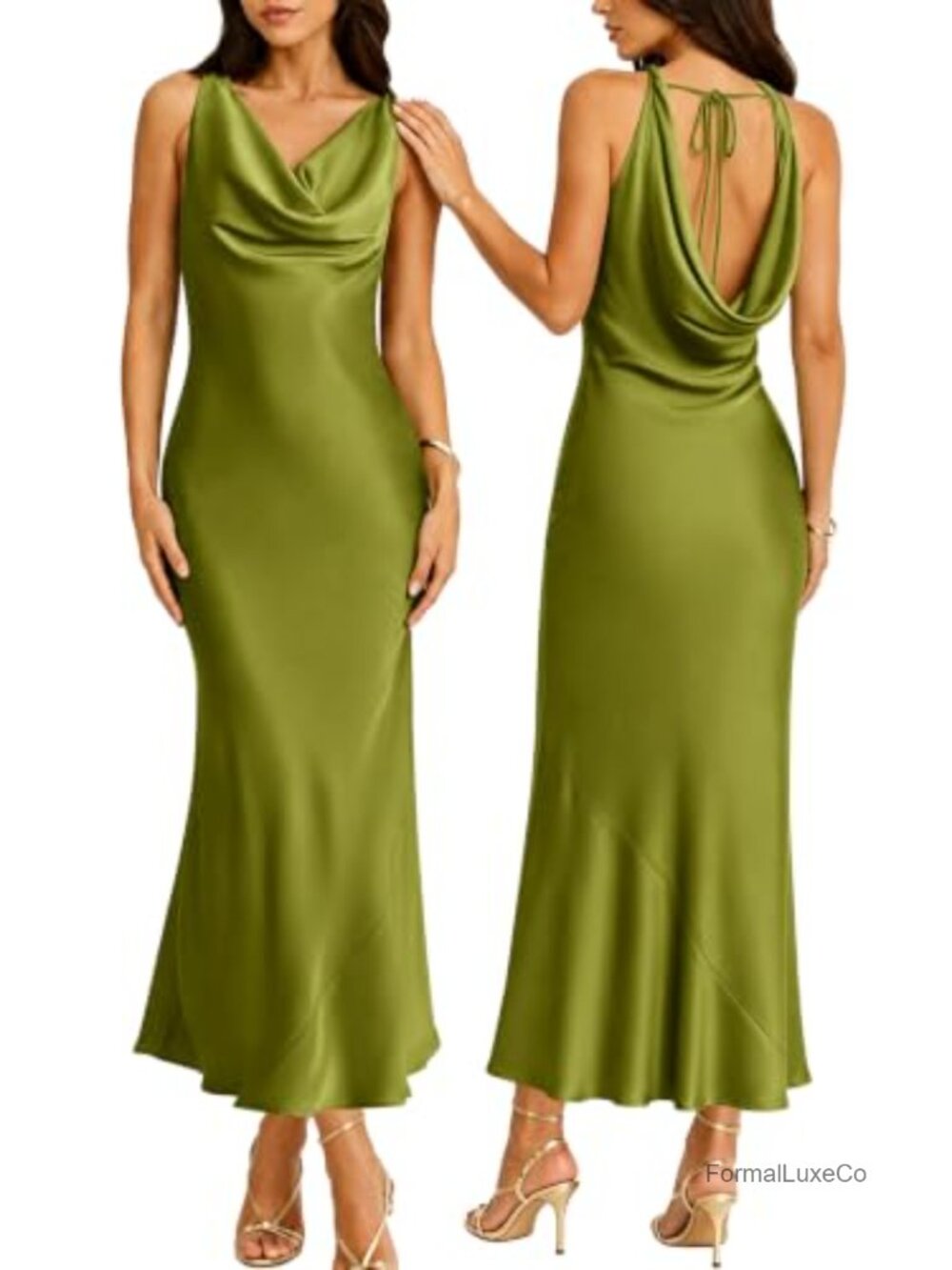 Satin Cowl Neck Maxi Dress Sleeveless Formal Party